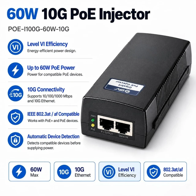 Alt view image 2 of 5 - BV-Tech 60W-10G Multi-Gigabit PoE++ Injector (328 Feet Range) Level VI Efficiency- IEEE 802.3bt Compliant Plug and Play Power Adapter for PTZ IP Cameras, CCTV, APs & Phones NDAA Compliant