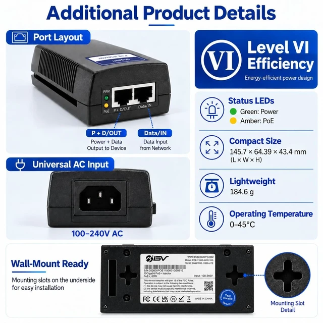 Alt view image 3 of 5 - BV-Tech 60W-10G Multi-Gigabit PoE++ Injector (328 Feet Range) Level VI Efficiency- IEEE 802.3bt Compliant Plug and Play Power Adapter for PTZ IP Cameras, CCTV, APs & Phones NDAA Compliant
