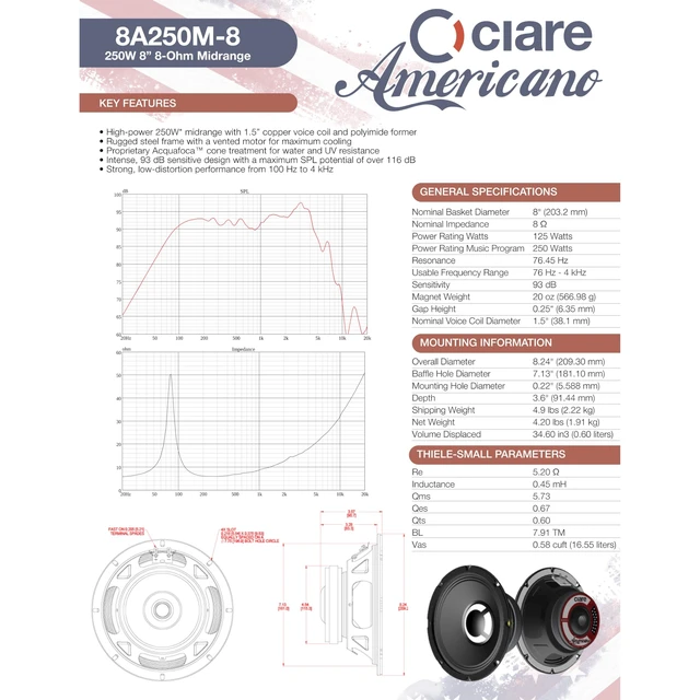 Alt view image 2 of 5 - Ciare Americano 8A250M-8, 8 Midrange Speaker, 8 Ohm, 250W Car Audio Driver