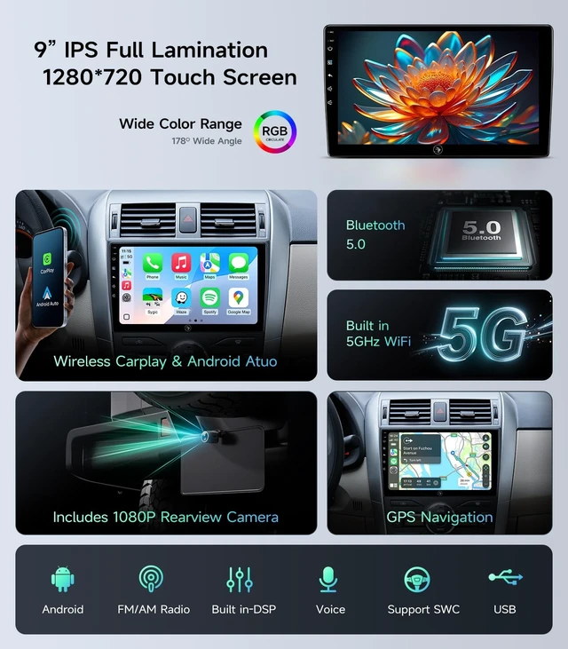 Alt view image 5 of 5 - Car Radio Stereo for Toyota Corolla 08-12, Wireless CarPlay Android Auto