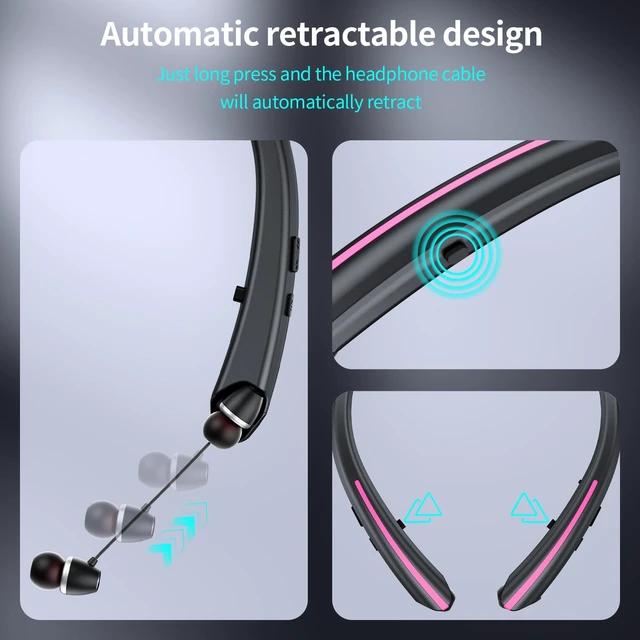 Alt view image 2 of 5 - Neckband Retractable Bluetooth Headphones - Wireless Neck Earbuds with Retractable Design, 22 Hours Playtime, IPX5 Sweatproof, Dual Device Connection, Noise Cancelling for Work & SportsBlack Pi