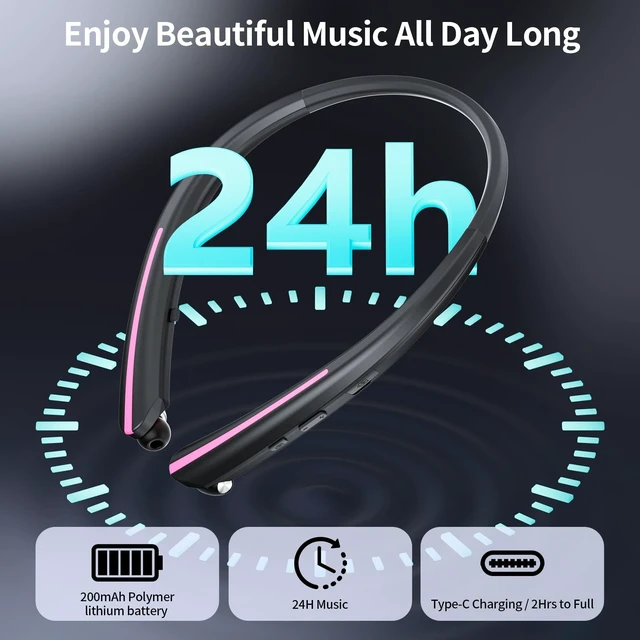 Alt view image 3 of 5 - Neckband Retractable Bluetooth Headphones - Wireless Neck Earbuds with Retractable Design, 22 Hours Playtime, IPX5 Sweatproof, Dual Device Connection, Noise Cancelling for Work & SportsBlack Pi