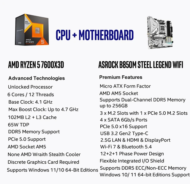 Alt view image 2 of 5 - MICRO CENTER AMD 7600X3D Processor with ASRock B850M Steel Leg Motherboard