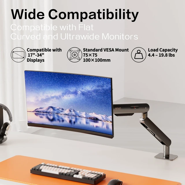 Alt view image 2 of 5 - AOC AM400PLUS Premium Aluminum Single Monitor Arm, Mechanical Spring, 1734 Inch, 4.419.8 lbs, VESA 75x75/100x100, C-Clamp, Quick Install Desk Mount with Cable Management (Gray)