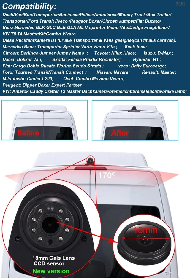 Alt view image 5 of 5 - Brake Lamp Rear View Car Backup Camera Replacement for VW Crafter T5 Benz Sprinter vito Viano Citroen Dacia Fiat Ford Hyundai Isuzu Iveco Mitsubishi Nissan Seat Skoda Toyota+7" Reverse Monitor