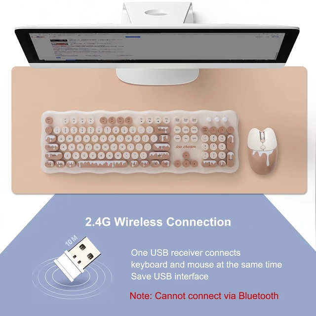 Alt view image 3 of 5 - 2.4G Full-Size Wireless Keyboard and Mouse Combo, Multi-Color Typewriter Style Round Keycap, Cute Candy Colors, Compatible with Notebook, PC (Ice Cream)