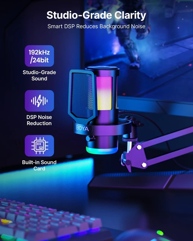 Alt view image 2 of 5 - BOYA USB Gaming Microphone with Boom Arm, 192kHz/24bit, Supercardioid + ENC Noise Cancellation, Touch Mute, 9 RGB Effects, Gain Knob, Monitor Jack, Microphone for PC/PS4/PS5/Mac/Android/iOS