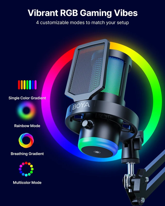 Alt view image 4 of 5 - BOYA USB Gaming Microphone with Boom Arm, 192kHz/24bit, Supercardioid + ENC Noise Cancellation, Touch Mute, 9 RGB Effects, Gain Knob, Monitor Jack, Microphone for PC/PS4/PS5/Mac/Android/iOS