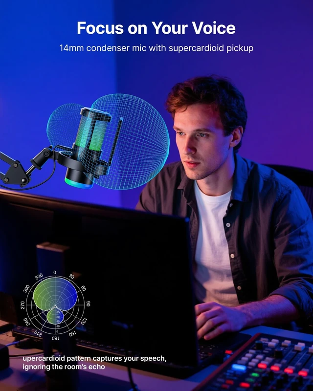Alt view image 5 of 5 - BOYA USB Gaming Microphone with Boom Arm, 192kHz/24bit, Supercardioid + ENC Noise Cancellation, Touch Mute, 9 RGB Effects, Gain Knob, Monitor Jack, Microphone for PC/PS4/PS5/Mac/Android/iOS