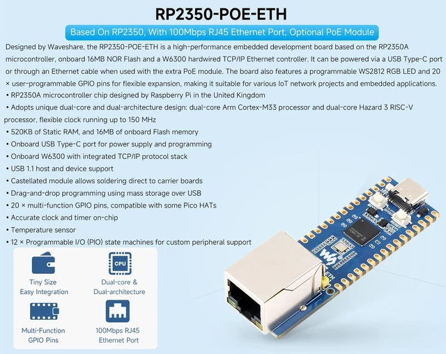 Alt view image 3 of 5 - RP2350-POE-ETH Development Board, with Pre-soldered Headers and PoE Module