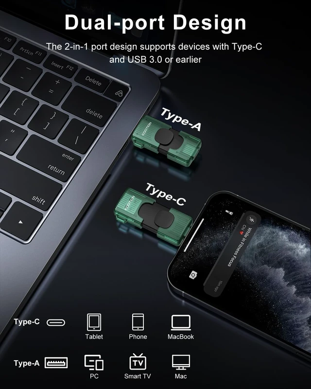 Alt view image 3 of 5 - KOOTION 128GB Dual USB-A & Type-C Flash Drive up to 110MB/s USB 3.2 Gen 1