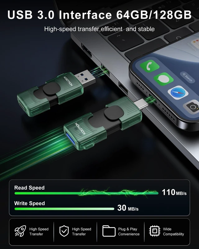 Alt view image 4 of 5 - KOOTION 128GB Dual USB-A & Type-C Flash Drive up to 110MB/s USB 3.2 Gen 1