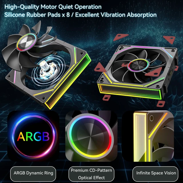 Alt view image 3 of 5 - GSCOLER FB120 3 Pack 120mm ARGB PC Case Fans - Wireless Splicing/Daisy-Chain, 16.8M Colors Infinite Mirror Reverse Fan with Remote, PWM Speed Control, High Airflow, Quiet Cooling for Gaming PC