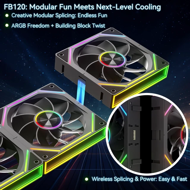 Alt view image 2 of 5 - GSCOLER FB120 3 Pack 120mm ARGB PC Case Fans - Wireless Splicing/Daisy-Chain, 16.8M Colors Infinite Mirror Reverse Fan with Remote, PWM Speed Control, High Airflow, Quiet Cooling for Gaming PC