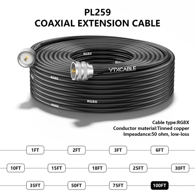 Alt view image 5 of 5 - YTXCABLE RG8X Coaxial Cable Optional, PL-259 Male UHF Connector Jumper Cable, Low Loss 50 Ohm for CB HAM Radio, HF VHF Radio, Antenna Analyzer, SWR Meter (PL259 to PL259 RG8x, 100FT)