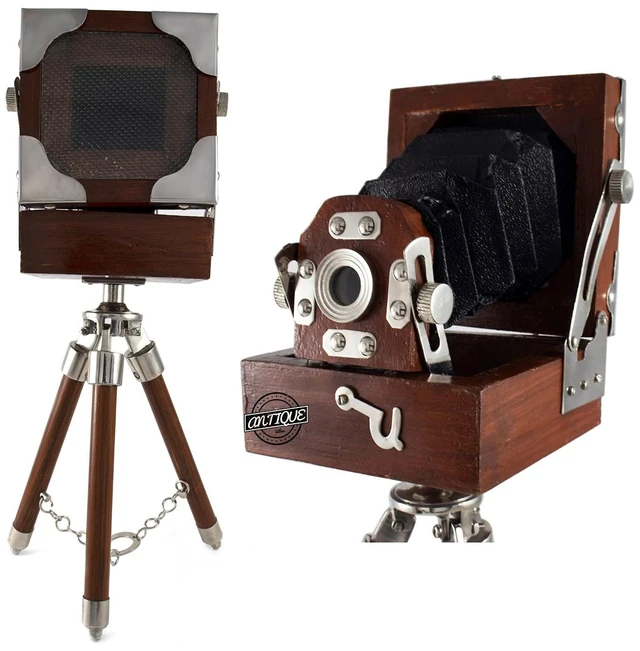 Main image of Vintage Style Photography Camera, Wooden Tripod Stand, Table Top Collectible Studio, Desk Decorative Antique Film Model Camera, Premium Home Decor, for Collector