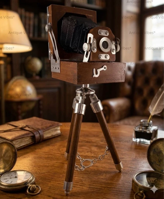 Alt view image 2 of 5 - Vintage Style Photography Camera, Wooden Tripod Stand, Table Top Collectible Studio, Desk Decorative Antique Film Model Camera, Premium Home Decor, for Collector