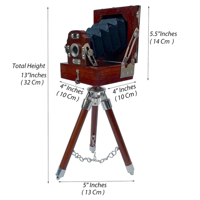 Alt view image 3 of 5 - Vintage Style Photography Camera, Wooden Tripod Stand, Table Top Collectible Studio, Desk Decorative Antique Film Model Camera, Premium Home Decor, for Collector