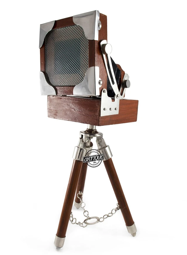 Alt view image 5 of 5 - Vintage Style Photography Camera, Wooden Tripod Stand, Table Top Collectible Studio, Desk Decorative Antique Film Model Camera, Premium Home Decor, for Collector