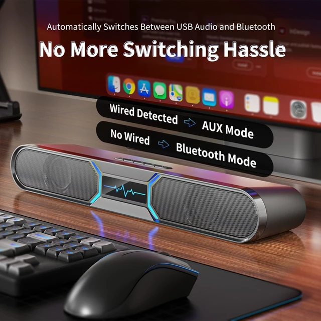 Alt view image 3 of 5 - Desktop Computer Speakers 10W Stereo Soundbar with USB Audio & Bluetooth