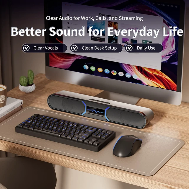 Alt view image 5 of 5 - Desktop Computer Speakers 10W Stereo Soundbar with USB Audio & Bluetooth