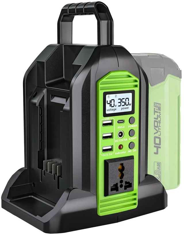 Main image of Power Inverter for Greenworks 40V Battery, 350W 2-Port DC 40V to AC 120V Portable Battery Converter with LED Light, 6 Output Ports, LCD Display for RV Camping, Emergency, Power Outages