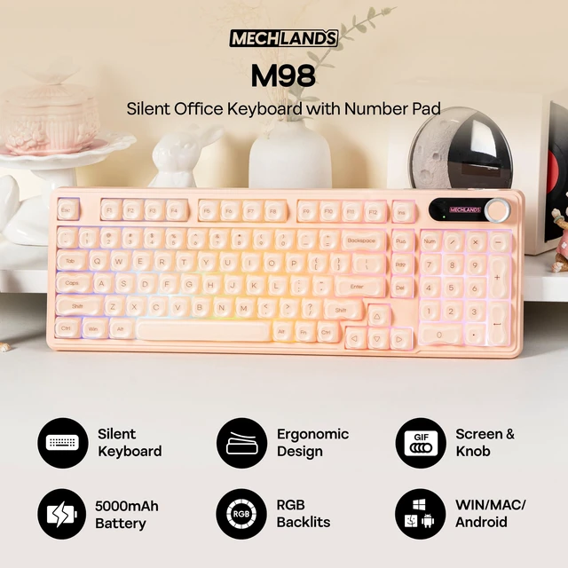 Alt view image 2 of 5 - MechLands M98 Silent Office Keyboard with Number Pad, 3 Modes Wireless