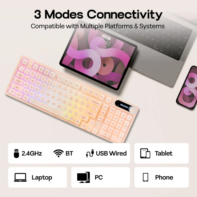 Alt view image 5 of 5 - MechLands M98 Silent Office Keyboard with Number Pad, 3 Modes Wireless
