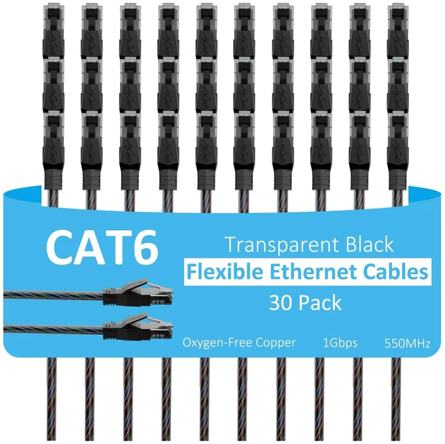 Main image of Cat6 Ethernet Cable 4 FT (30-Pack), Snagless Cat 6 Patch Cable, Upgraded Transparent Flexible PVC Jacket, OFC Oxygen-Free Copper, 1Gbps, Internet Network Cable, Cat6 Cables, UTP, Black Cable -30 Pack