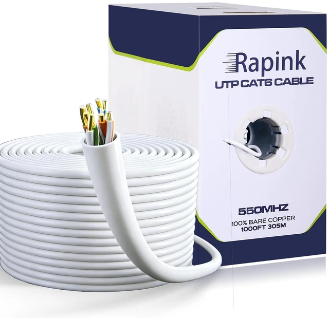 Main image of Rapink Cat6 Ethernet Cable 1000ft, Cat6 ethernet Cable 23AWG Solid Bare Copper 10G Support, UTP cat6 Cable 550MHZ, cat 6 Cable 1000ft POE Support White