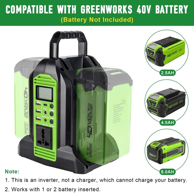 Alt view image 2 of 5 - Power Inverter for Greenworks 40V Battery, 350W 2-Port DC 40V to AC 120V Portable Battery Converter with LED Light, 6 Output Ports, LCD Display for RV Camping, Emergency, Power Outages