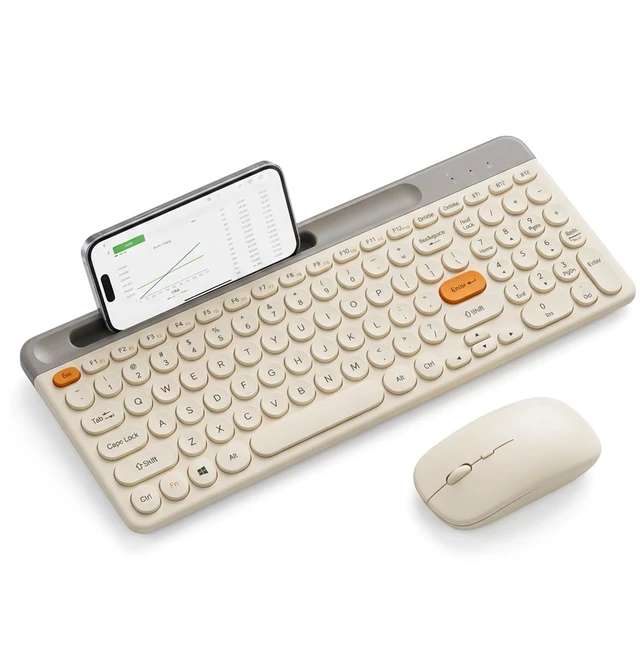 Main image of Bluetooth Keyboard Mouse Combo, Dual Multi-Device Wireless Keyboard with Phone Holder, Ultra-Compact 78-Key Layout, Quiet Keys & Rechargeable, for Windows PC Laptop (White)