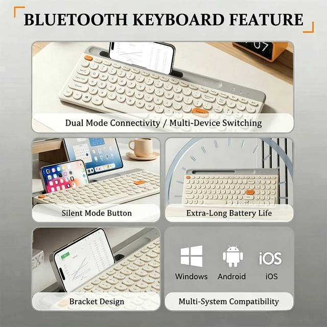Alt view image 2 of 5 - Bluetooth Keyboard Mouse Combo, Dual Multi-Device Wireless Keyboard with Phone Holder, Ultra-Compact 78-Key Layout, Quiet Keys & Rechargeable, for Windows PC Laptop (White)