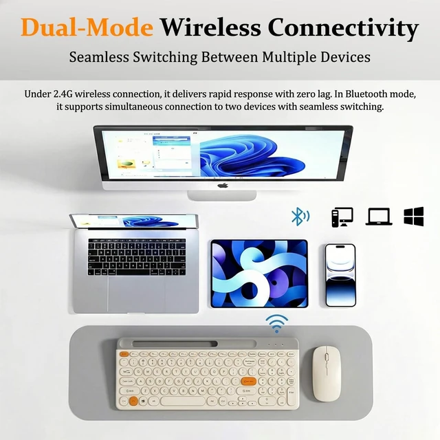 Alt view image 3 of 5 - Bluetooth Keyboard Mouse Combo, Dual Multi-Device Wireless Keyboard with Phone Holder, Ultra-Compact 78-Key Layout, Quiet Keys & Rechargeable, for Windows PC Laptop (White)