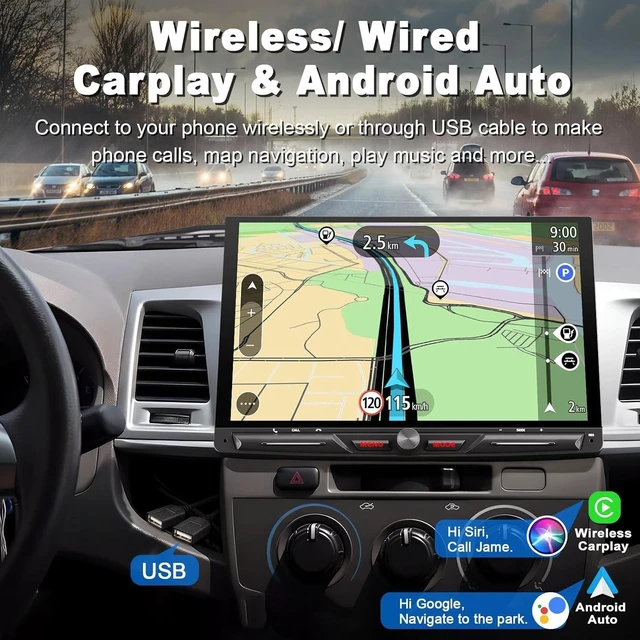 Alt view image 2 of 5 - Wireless 10.1" Single Din Car Stereo, Carplay Android Auto Touch Screen CarPlay Radio, Bluetooth 5.3, 240W Subwoofer, Backup Camera, FM/AM SWC, USB/TF Card Slots, FM Radio, AUX Input