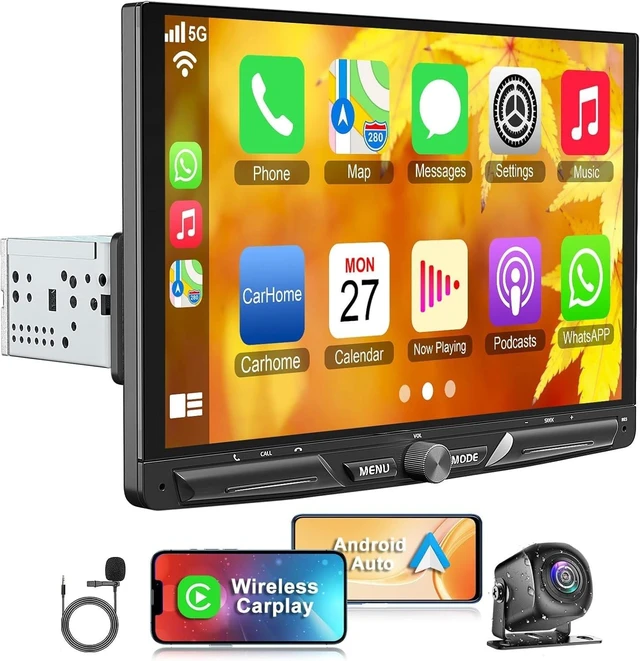 Main image of Wireless 10.1" Single Din Car Stereo, Carplay Android Auto Touch Screen CarPlay Radio, Bluetooth 5.3, 240W Subwoofer, Backup Camera, FM/AM SWC, USB/TF Card Slots, FM Radio, AUX Input
