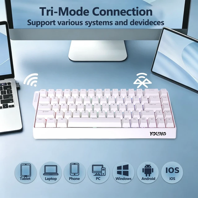 Alt view image 3 of 5 - Adventurers WIN68 60% Mechanical Gaming Keyboard,BT5.0/2.4GHz/USB-C