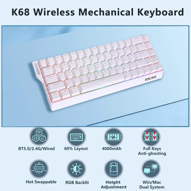 Alt view image 2 of 5 - Adventurers WIN68 60% Mechanical Gaming Keyboard,BT5.0/2.4GHz/USB-C