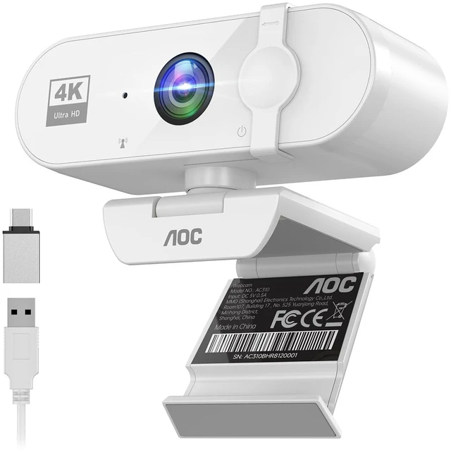 Main image of AOC 4K Webcam for PC, Streaming Camera with Noise-Canceling Mic, White