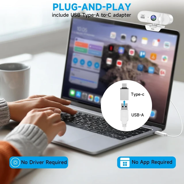 Alt view image 5 of 5 - AOC 4K Webcam for PC, Streaming Camera with Noise-Canceling Mic, White