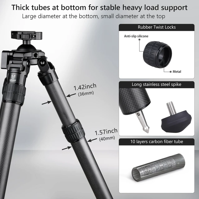 Alt view image 3 of 5 - VICELK Carbon Fiber Hunting Tripod, 71" Inverted Shooting Tripod with 52mm Lever Ball Head, 66lbs Load Capacity, 2-Section Thick Bottom Leg Tube, for Hunting Shooting Camera Telescope-MK402R