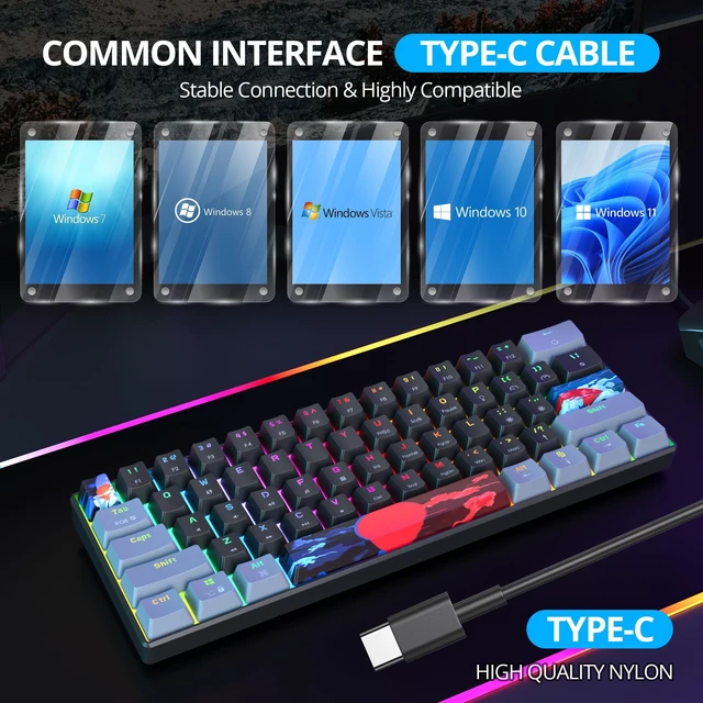 Alt view image 5 of 5 - Ussixchare 60 Percent Gaming Keyboard Portable Wired Mechanical Keyboard Ultra Compact Keyboard RGB Backlit Blue Switch for Windows PC Laptop Gamers(61 Dark)