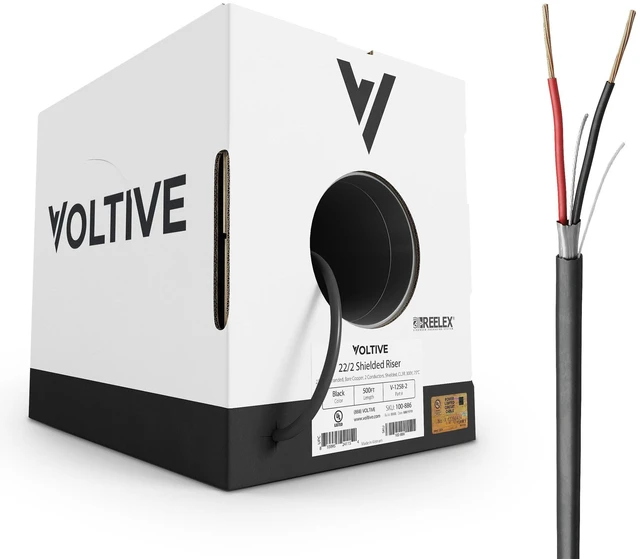 Main image of Voltive 22/2 Shielded Low Voltage Wire, Riser CL3R, Black, 500ft - 22AWG, 2 Conductors, Overall Shield, Stranded Bare Copper, UL Listed - V-1258-2