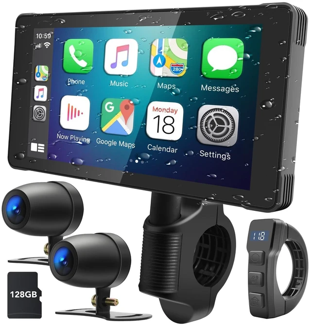 Main image of Weuaste 5.5" Motorcycle CarPlay & Android Auto Screen, Wireless GPS Navigation System Dual 2K Dash Cam, IP69K Waterproof, HD Screen, BT, G-Sensor, Loop Recording, Siri Voice Control, Remote Con