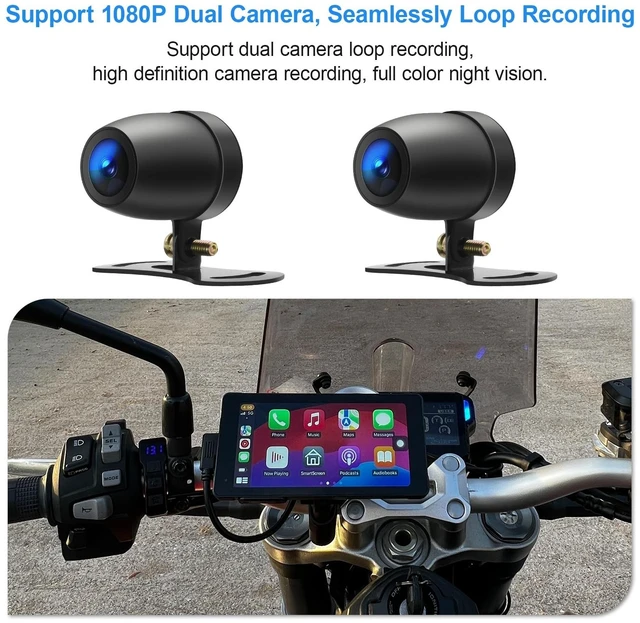 Alt view image 4 of 5 - Weuaste 5.5" Motorcycle CarPlay & Android Auto Screen, Wireless GPS Navigation System Dual 2K Dash Cam, IP69K Waterproof, HD Screen, BT, G-Sensor, Loop Recording, Siri Voice Control, Remote Con