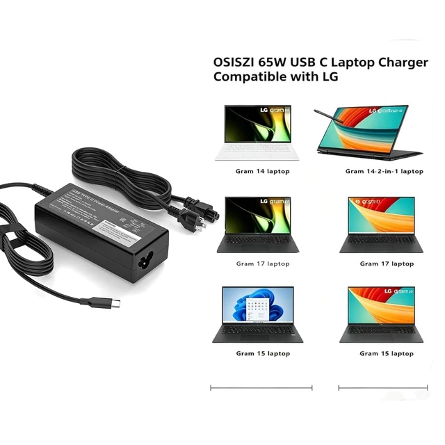 Alt view image 2 of 5 - OSISZI 65W USB-C PD Fast Charger Compatible with LG Gram 14 15 16 17 Series
