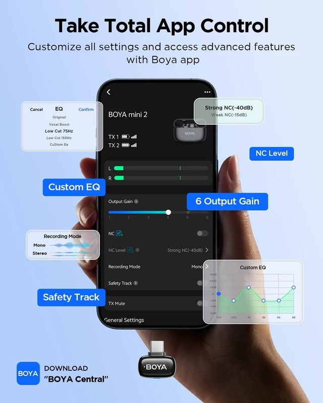 Alt view image 5 of 5 - BOYA Mini 2 Wireless Lavalier Microphone with AI Noise Cancellation, App Control, 30H Battery Charging Case - for iPhone/iPad & Android, Video, Podcasts, Vlogging, TikTok