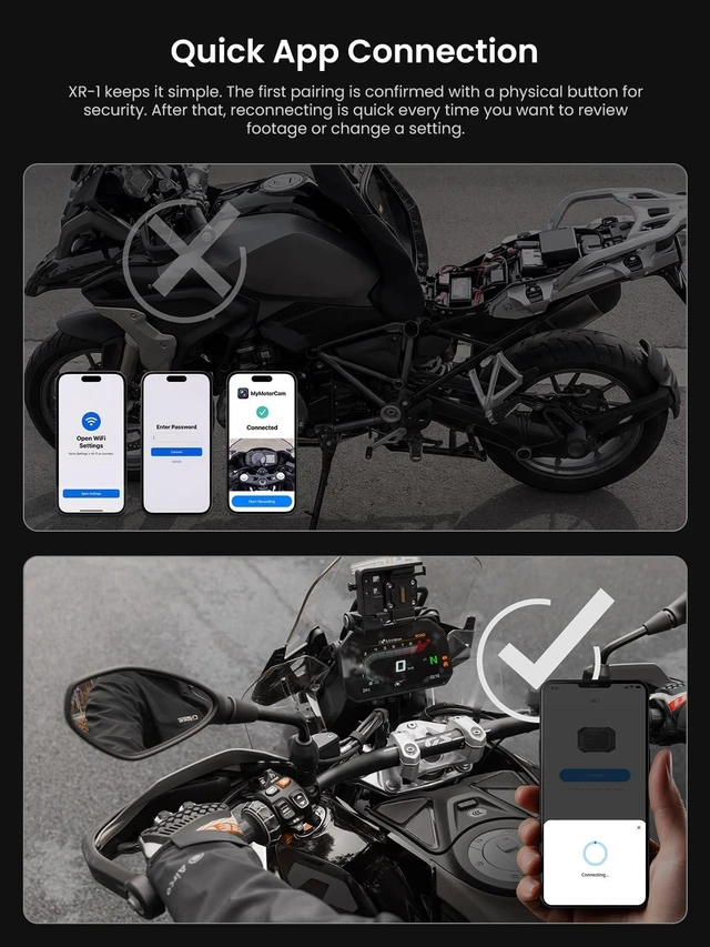 Alt view image 5 of 5 - CHIGEE XR-1 Motorcycle Dash Cam Front and Rear Discreet Screen-Free Dual 1080P 60FPS Cameras, Auto Loop Recording, Voice Alerts, Parking Guard, Impact Lock, 5GHz Wi-Fi, IP69K Main Unit, IP68 Cameras