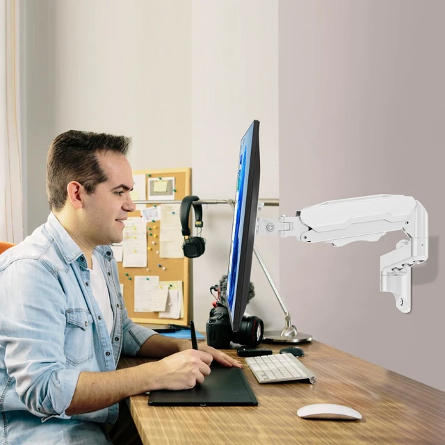 Alt view image 2 of 5 - MOUNT PRO Single Monitor Wall Mount for 13 to 32 Inch Computer Screens, Height Adjustable Wall Mount Monitor Arm Holds Up to 19.8lbs, Full Motion Wall Bracket, VESA Mount 75x75, 100x100, White