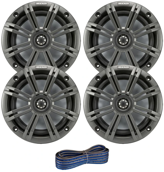 Main image of 2 Pair (Qty 4) of Kicker 6.5" 2-Way 195 Watts Max Power Coaxial Marine Audio Speakers with Charcoal Grilles, 50 Feet 16-Gauge Speaker Wire